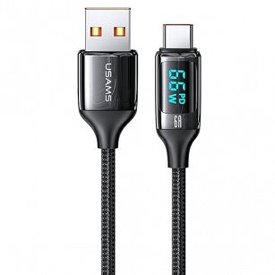 USAMS Kabel pleciony U78 USB-C 1.2m LED 6A Fast Charging czarny US-SJ544