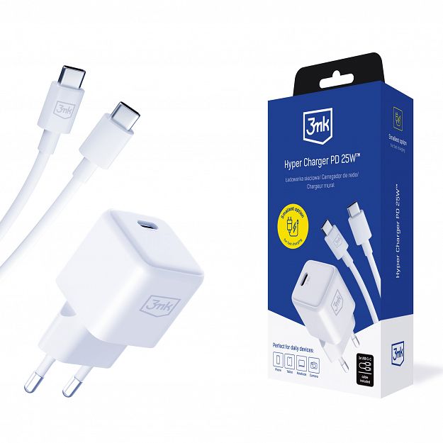 3mk Hyper Charger PD 25W+USB Cable C to C biały