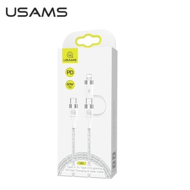 USAMS Kabel pleciony U31 USB-C na USB-C /lightning 60W PD Fast Charge biały SJ403USB02